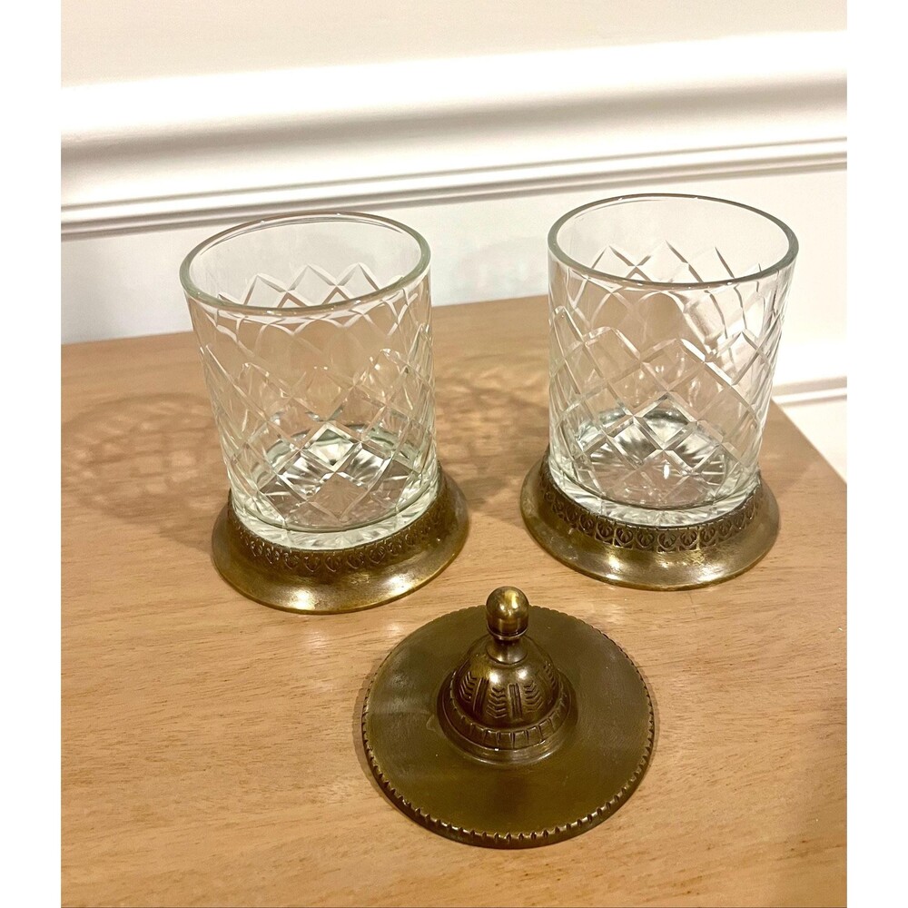 Vintage Cut Glass Vanity Jar Set, Diamond Pattern, Brass Base, Hollywood Regency
